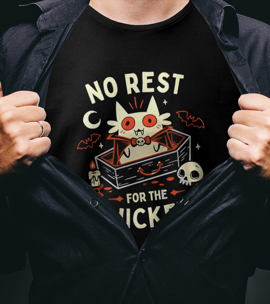 No Rest For The Wicked Vampire Cat Halloween Humor With Bats And Skull T-Shirt