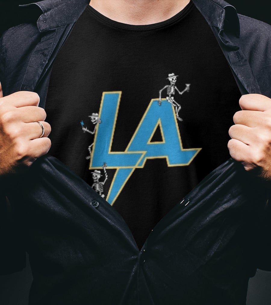 Los Angeles Chargers Skeletons On LA Lettering With Lightning Bolt T-Shirt