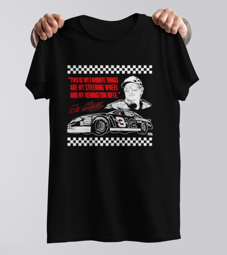 Two Of My Favorite Things Are My Steering Wheel And My Remington Rifle Racing Car 3 Checkered Flag T-Shirt