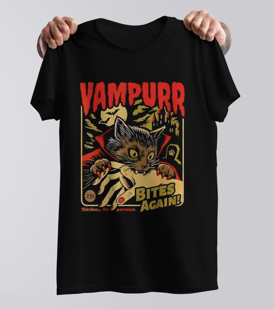 Vampurr Bites Again Vampire Cat Halloween Vintage Spooky Paws T-Shirt