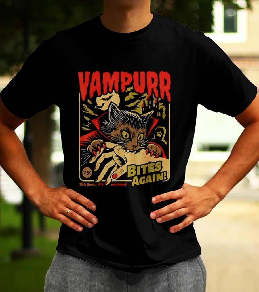 Vampurr Bites Again Vampire Cat Halloween Vintage Spooky Paws T-Shirt