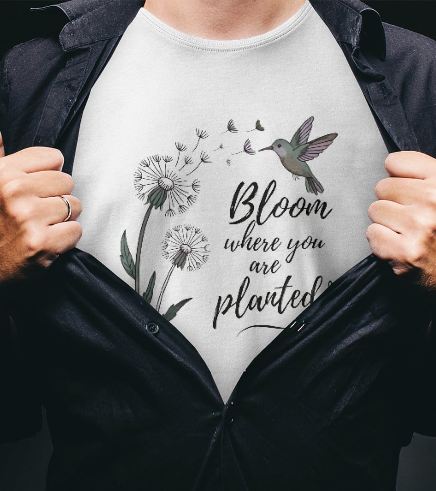 Bloom Where You Are Planted Hummingbird Dandelion Seeds Heart Sketch T-Shirt