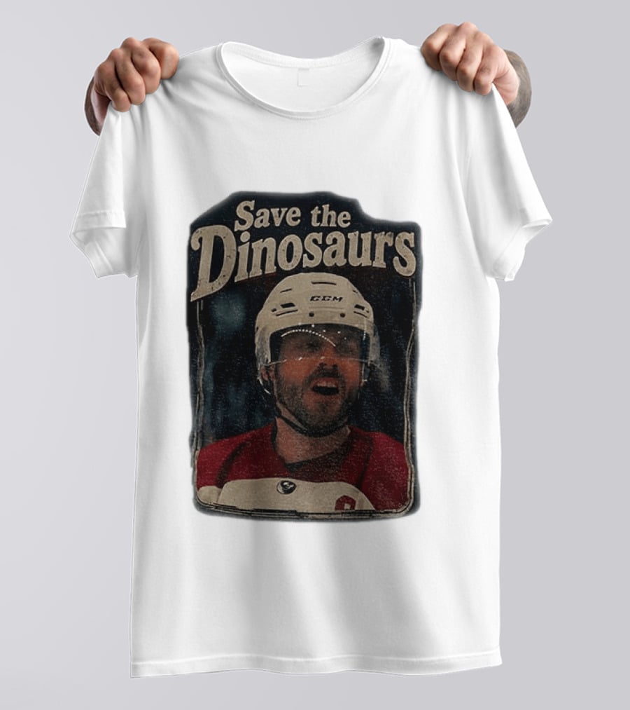 Connor Storrie Wearing Scott Hunter Save The Dinosaurs CCM Hockey T-Shirt