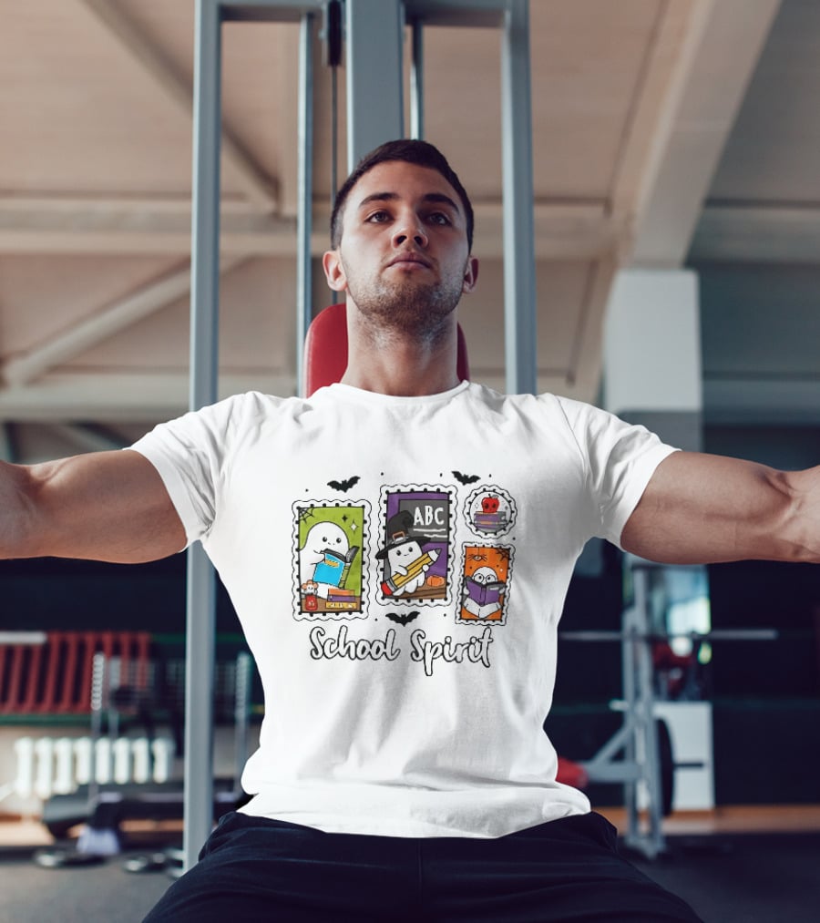 School Spirit Ghosts Holding Books Halloween Postage Stamps ABC Bats T-Shirt