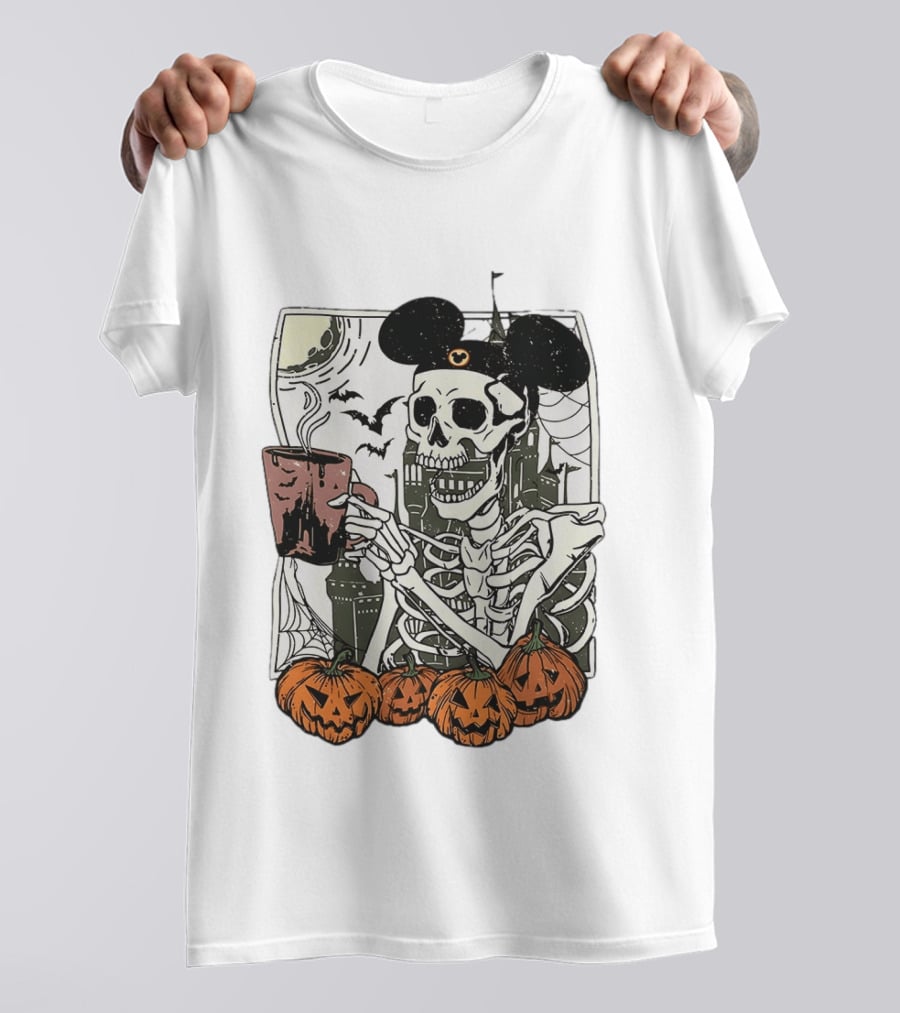 Spooky Skeleton With Coffee Mouse Ears Pumpkins Bats Halloween 2026 T-Shirt