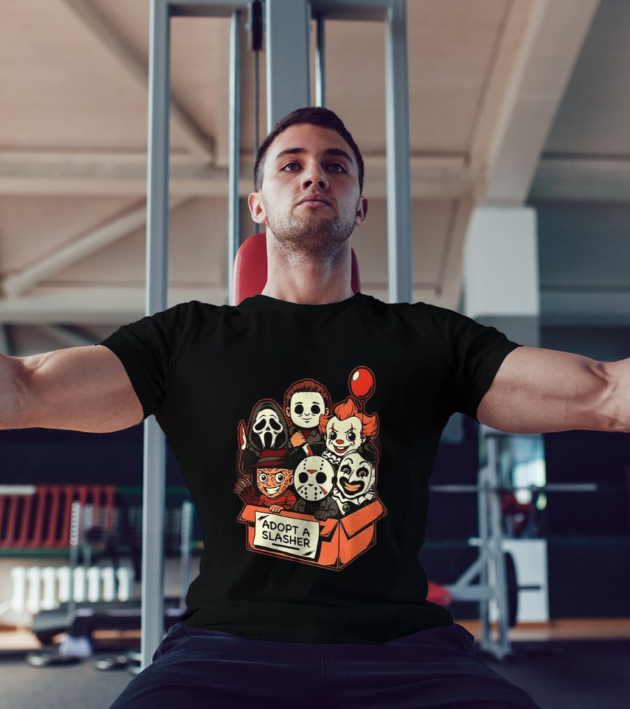 Adopt A Slasher Horror Characters Halloween Box With Iconic Balloon And Masked Monsters T-Shirt