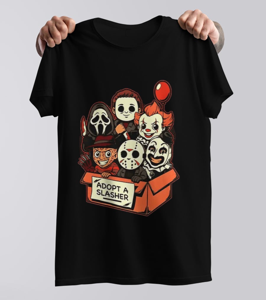Adopt A Slasher Horror Characters Halloween Box With Iconic Balloon And Masked Monsters T-Shirt