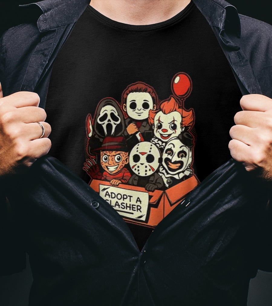 Adopt A Slasher Horror Characters Halloween Box With Iconic Balloon And Masked Monsters T-Shirt