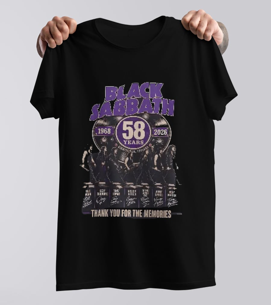 Black Sabbath 58 Years 1968 2026 Birmingham England Thank You For The Memories Ozzy Osbourne Tony Iommi Geezer Butler Bill Ward T-Shirt