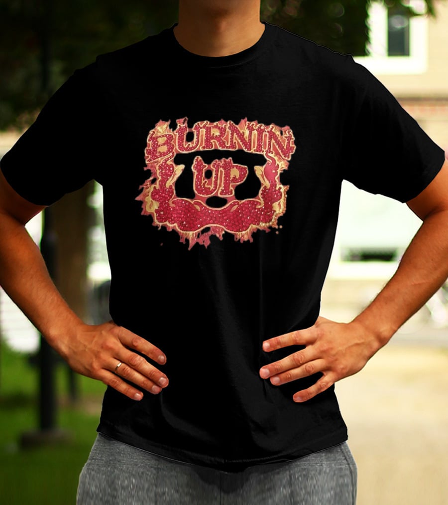 Burnin Up Red Rhinestone Gemstone Lettering Flaming Crest Frame Fiery T-Shirt