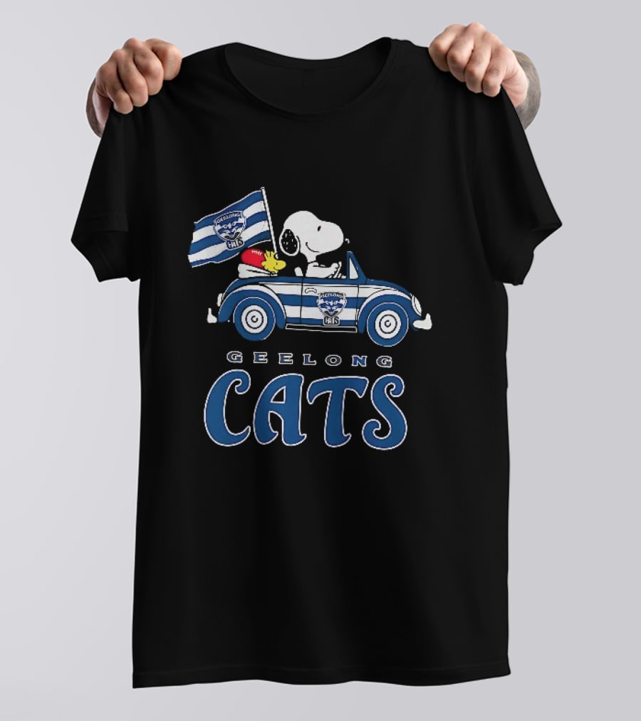 Geelong Cats Snoopy Woodstock Driving With Flag T-Shirt