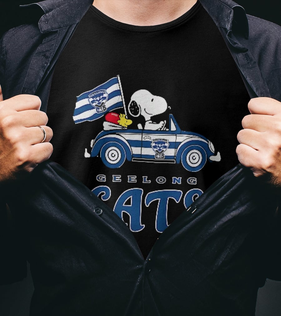 Geelong Cats Snoopy Woodstock Driving With Flag T-Shirt
