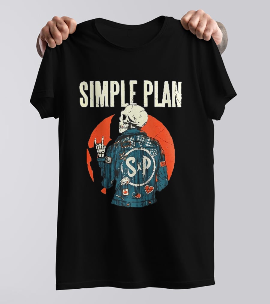 Simple Plan Just A Kid 1999 Skeleton Rock Sign SP Denim Jacket Distressed T-Shirt
