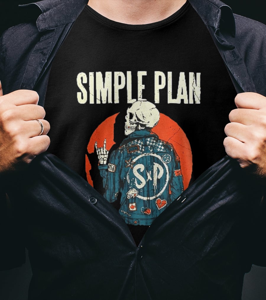 Simple Plan Just A Kid 1999 Skeleton Rock Sign SP Denim Jacket Distressed T-Shirt