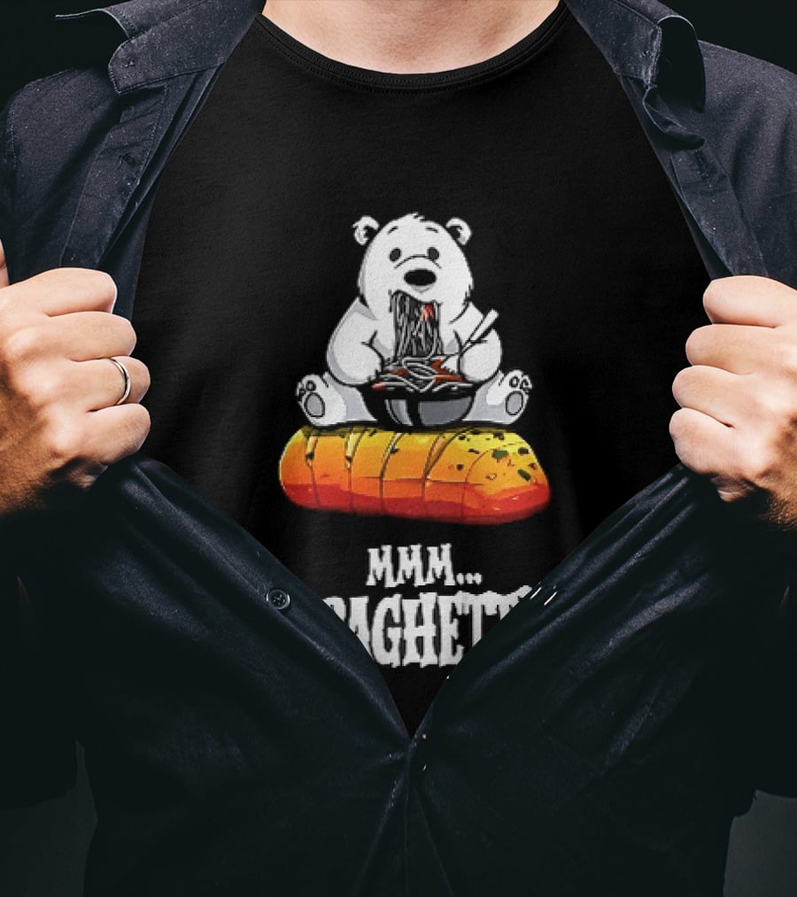 Mmm Spaghetti Cartoon Polar Bear Enjoying Pasta On Garlic Bread T-Shirt
