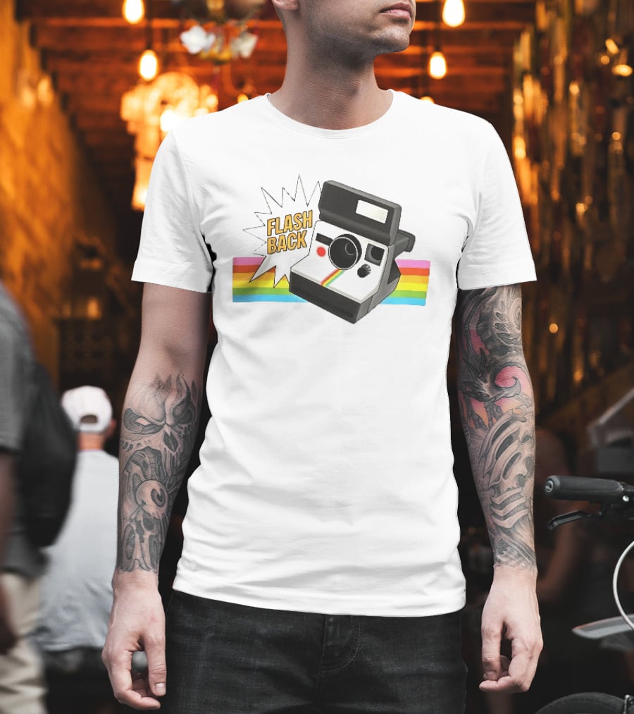 Flash Back Instant Camera Rainbow Stripe Starburst T-Shirt