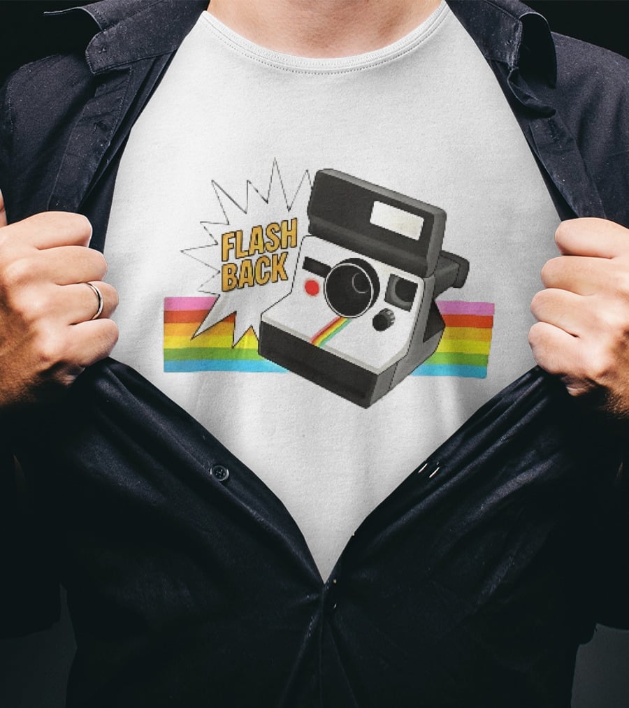 Flash Back Instant Camera Rainbow Stripe Starburst T-Shirt