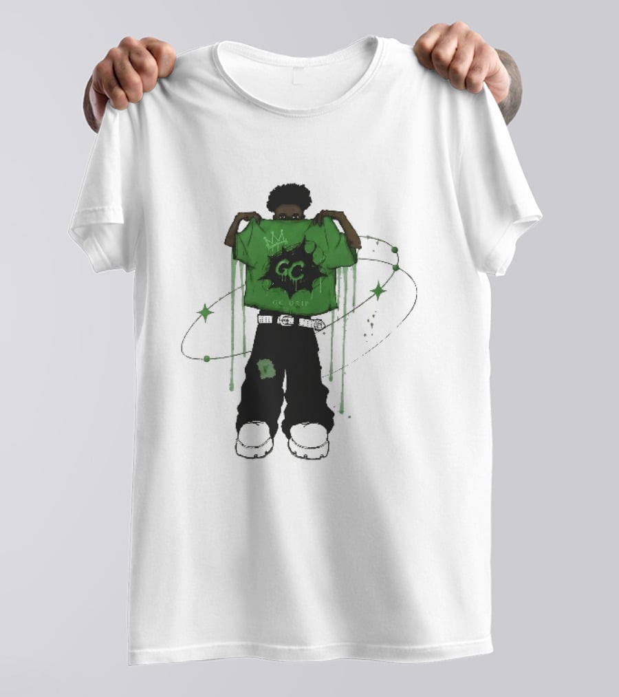 Gc Drip Cartoon Character Holding Green Clothing With Crown And Stars T-Shirt