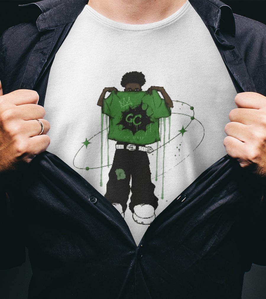 Gc Drip Cartoon Character Holding Green Clothing With Crown And Stars T-Shirt