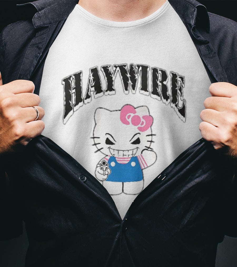 Haywire Hello Kitty Mischievous Grin Pink Bow Blue Overalls T-Shirt