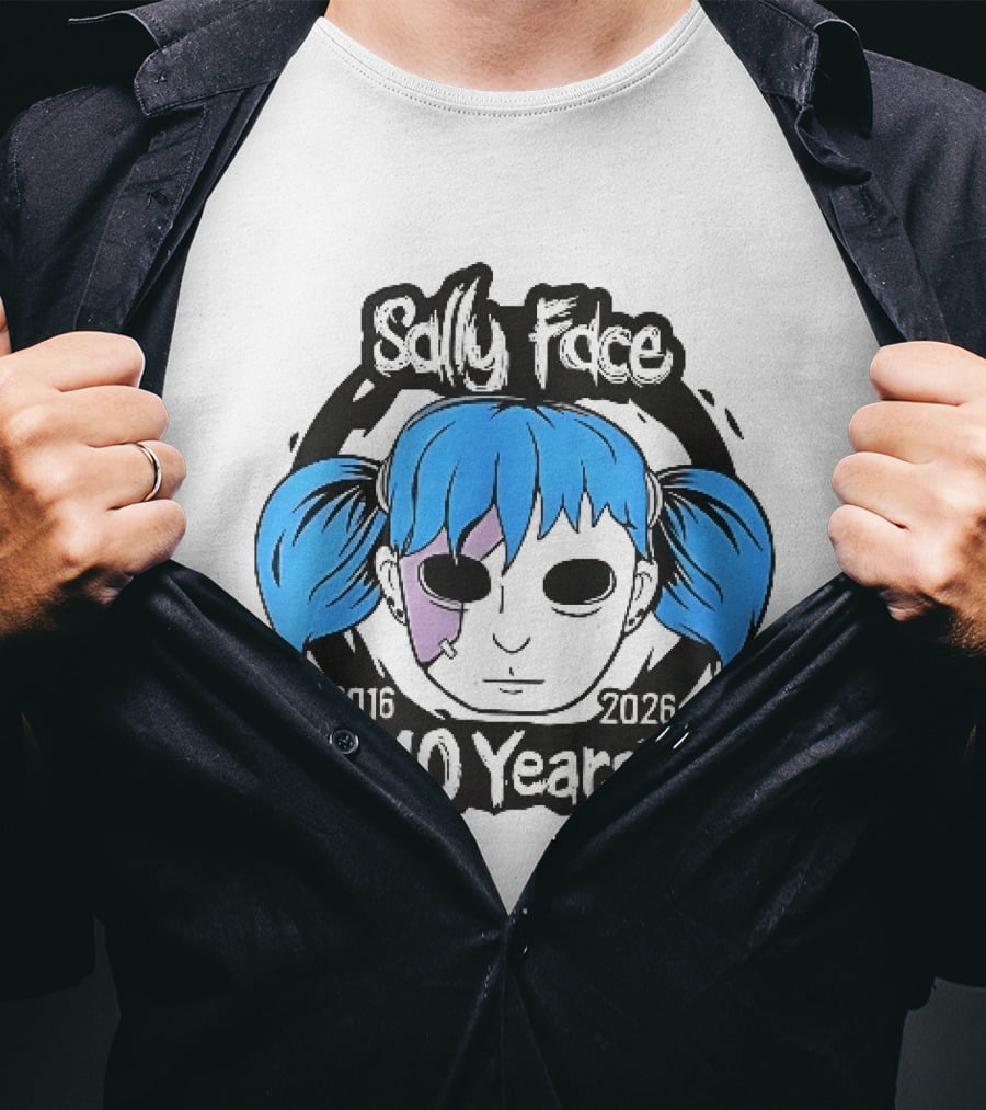Sally Face 2016 2026 10 Years Cartoon Blue Hair Masked Character Anniversary T-Shirt