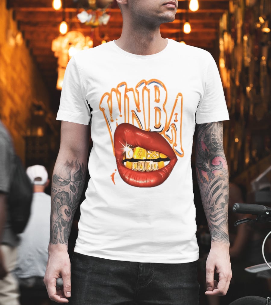 WNBA Red Lips Gold Teeth Grillz Glowing Chrome Lettering T-Shirt