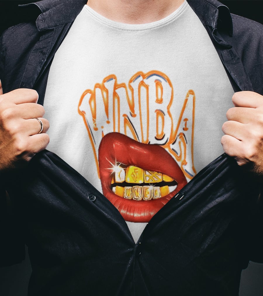 WNBA Red Lips Gold Teeth Grillz Glowing Chrome Lettering T-Shirt