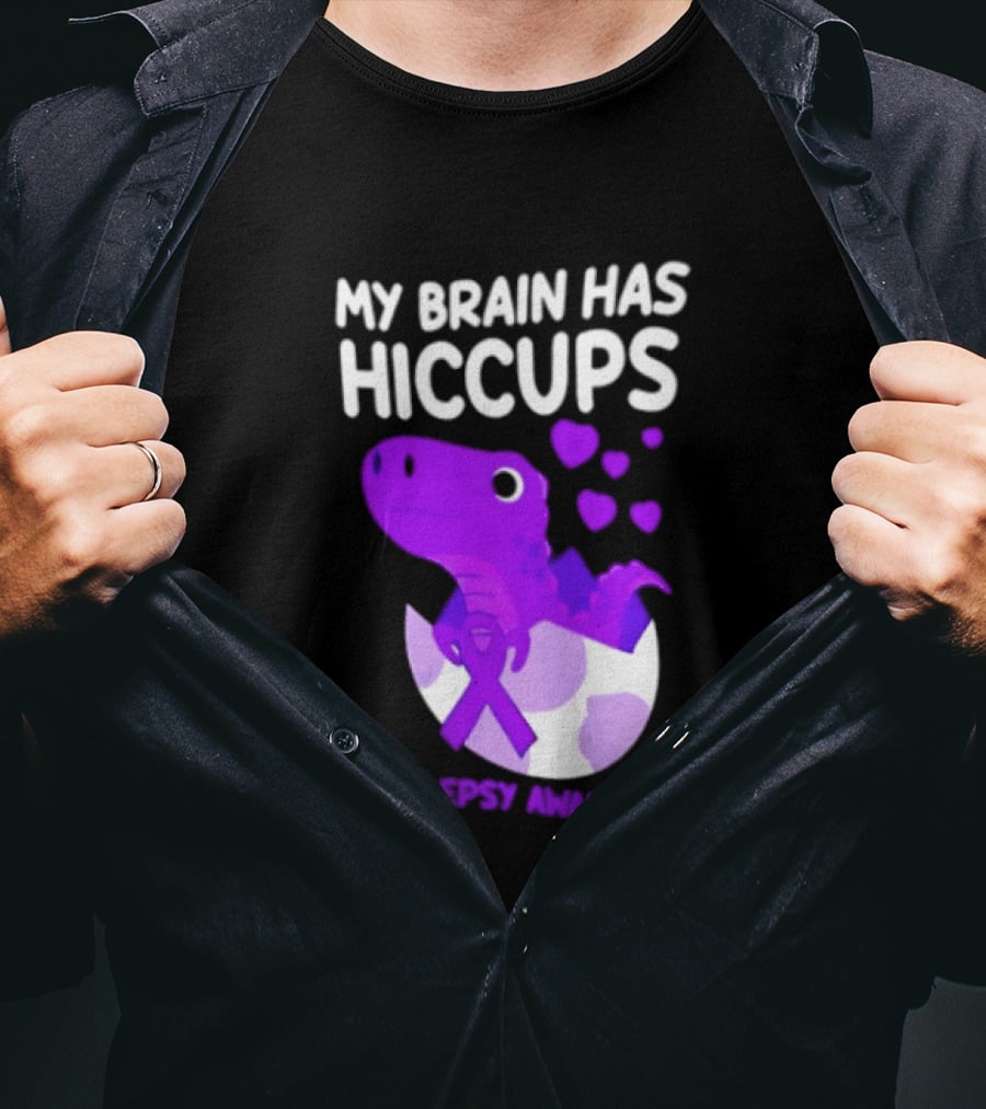 My Brain Has Hiccups Epilepsy Awareness Dinosaur Purple Ribbon Eggshell Hearts T-Shirt