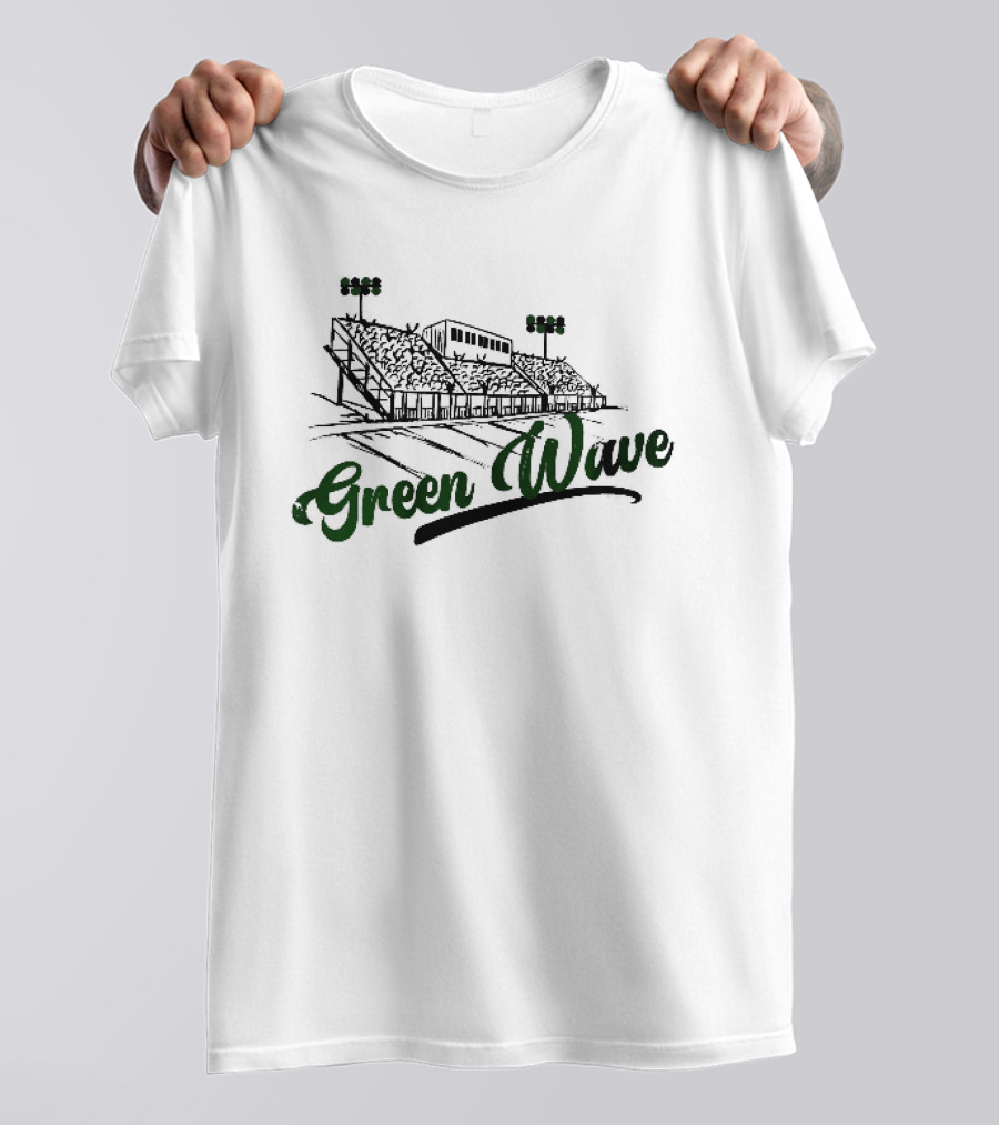 Green Wave Football Stadium Bleachers With Light Poles Sketch T-Shirt