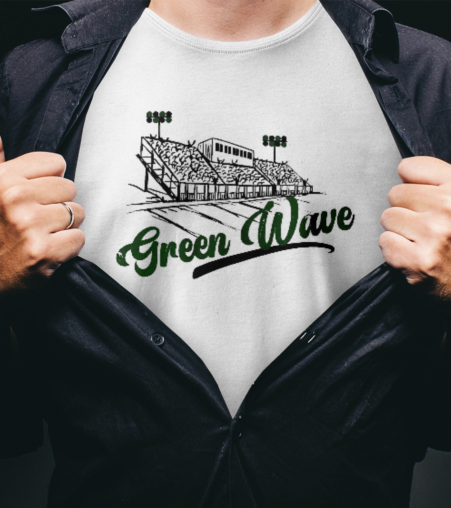 Green Wave Football Stadium Bleachers With Light Poles Sketch T-Shirt