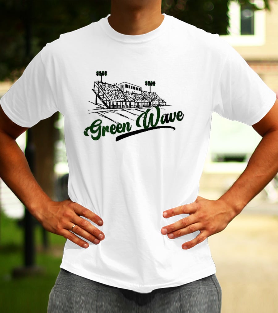 Green Wave Football Stadium Bleachers With Light Poles Sketch T-Shirt