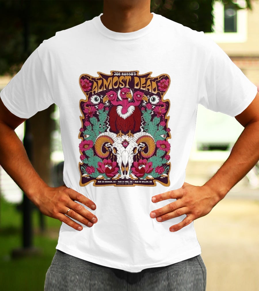 Joe Russo's Almost Dead Tour 2026 August 20 Denver August 21 Vail August 22 Dillon Vibrant Skull And Vulture Art Floral T-Shirt