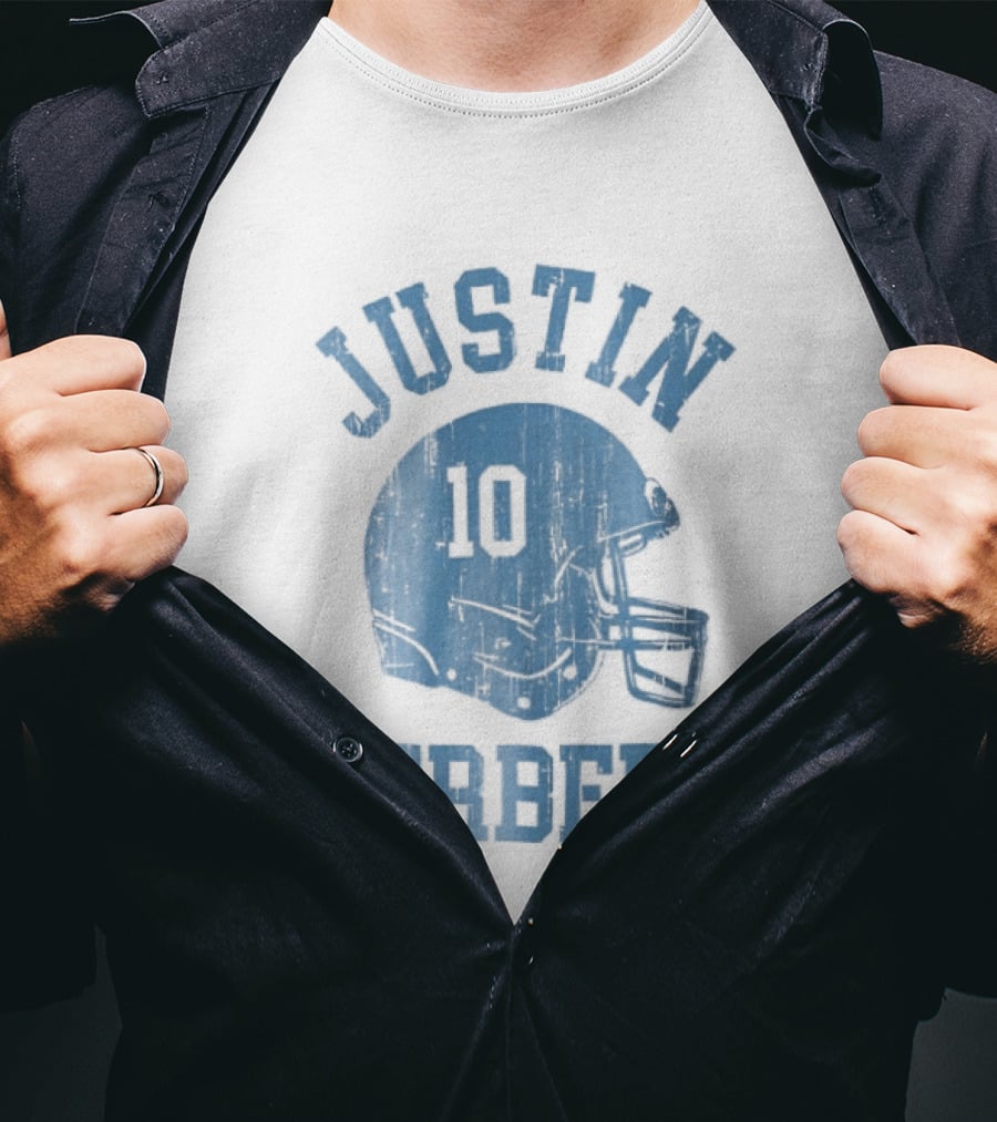 Justin Herbert Distressed Light Blue Football Helmet Number 10 T-Shirt