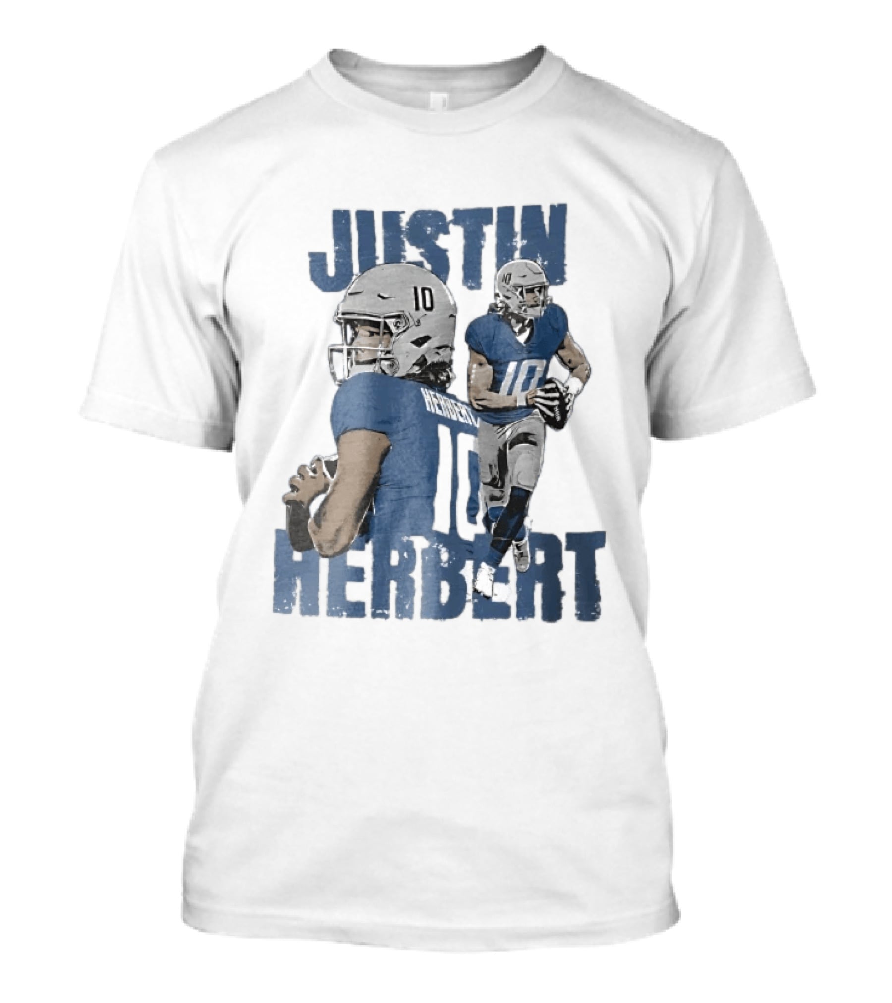 Justin Herbert Quarterback Action Photo Collage Blue Distressed T-Shirt