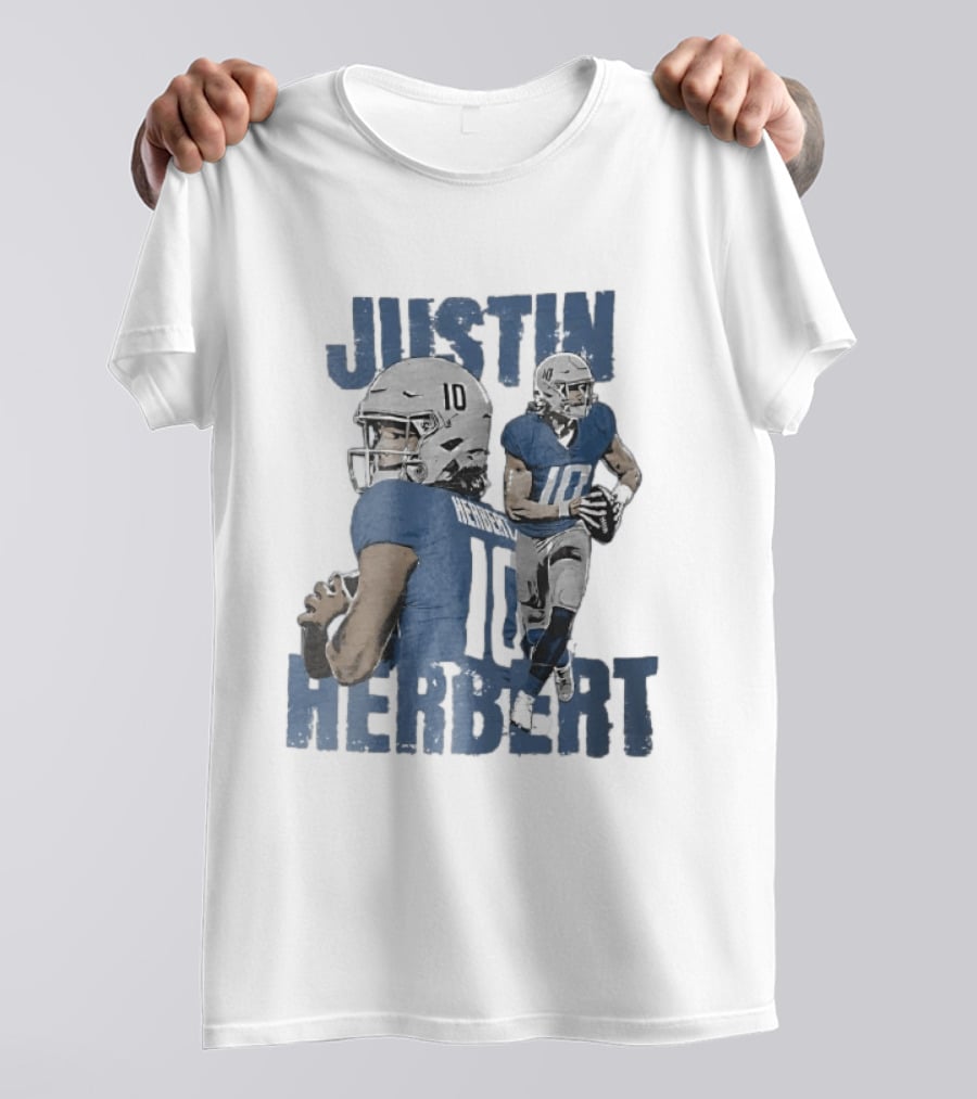 Justin Herbert Quarterback Action Photo Collage Blue Distressed T-Shirt