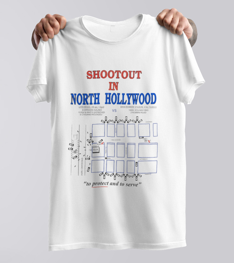 Shootout In North Hollywood Map With LAPD And Bank Robbers Ammunition Details T-Shirt