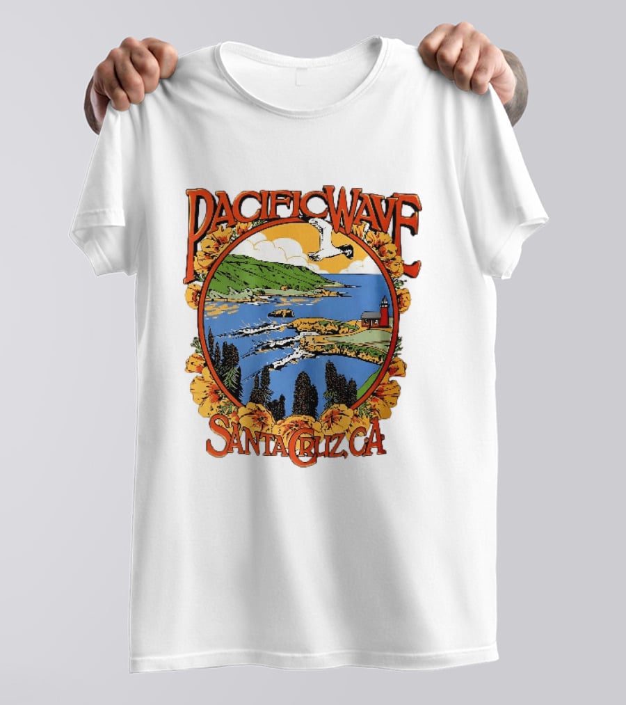 Pacific Wave Santa Cruz CA Coastal Lighthouse Ocean Seagull Flowers Scenic T-Shirt