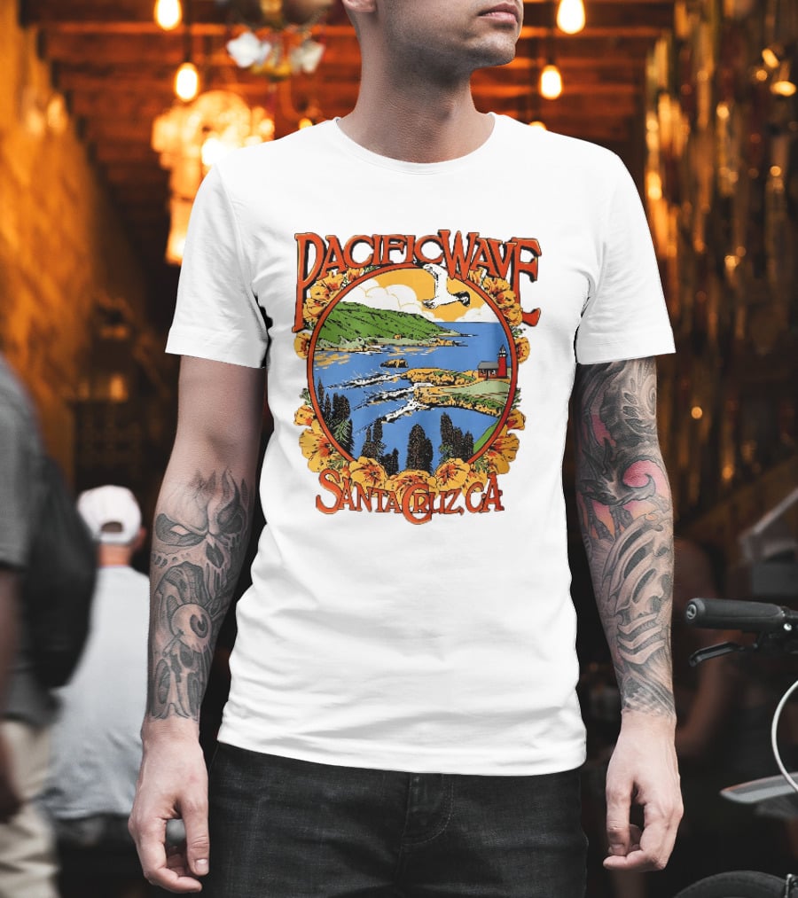 Pacific Wave Santa Cruz CA Coastal Lighthouse Ocean Seagull Flowers Scenic T-Shirt