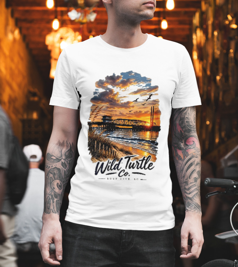 Wild Turtle Co Surf City NC Beach Dunes Pier Sunset Flying Birds T-Shirt