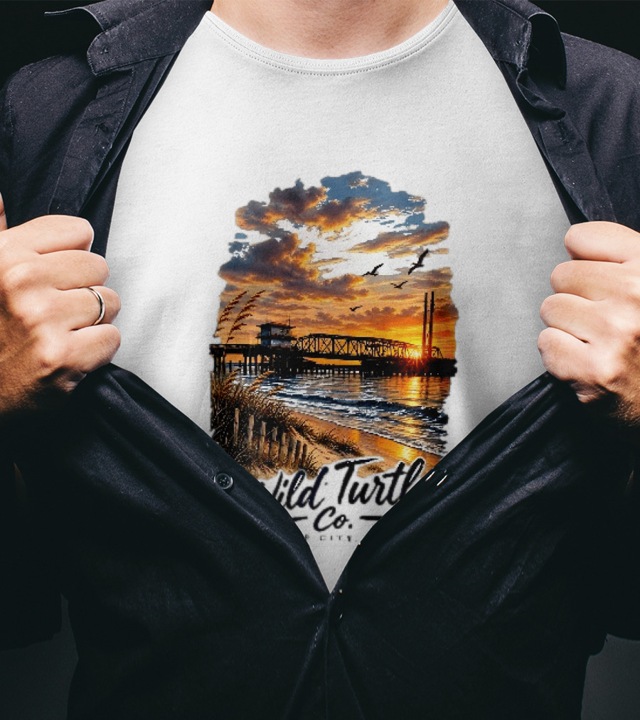 Wild Turtle Co Surf City NC Beach Dunes Pier Sunset Flying Birds T-Shirt