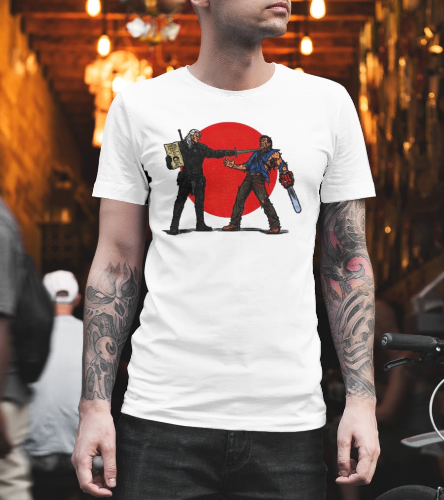 Geralt Vs Ash Evil Dead Or Alive Red Circle Showdown T-Shirt