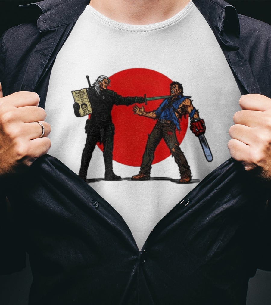 Geralt Vs Ash Evil Dead Or Alive Red Circle Showdown T-Shirt