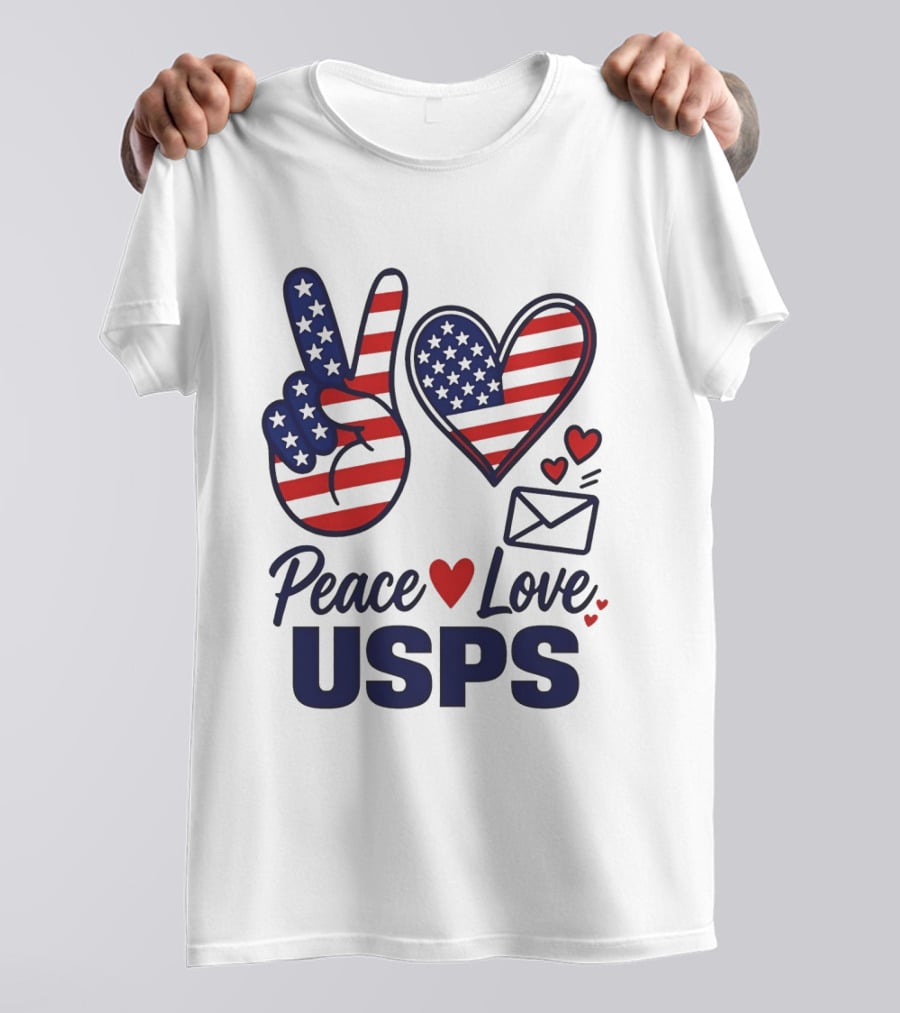 Peace Love USPS American Flag Heart And Mail T-Shirt