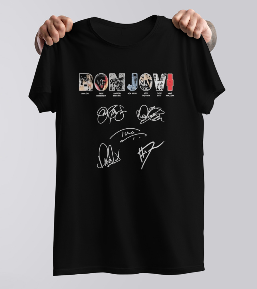 Bon Jovi Albums Cast Signatures Rock Band New Jersey Greatest Hits T-Shirt