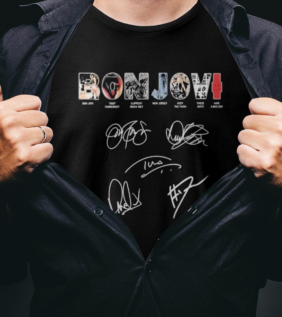 Bon Jovi Albums Cast Signatures Rock Band New Jersey Greatest Hits T-Shirt