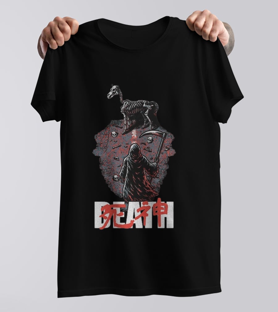 Grim Reaper Death Rider Japanese Kanji Skulls Scythe T-Shirt
