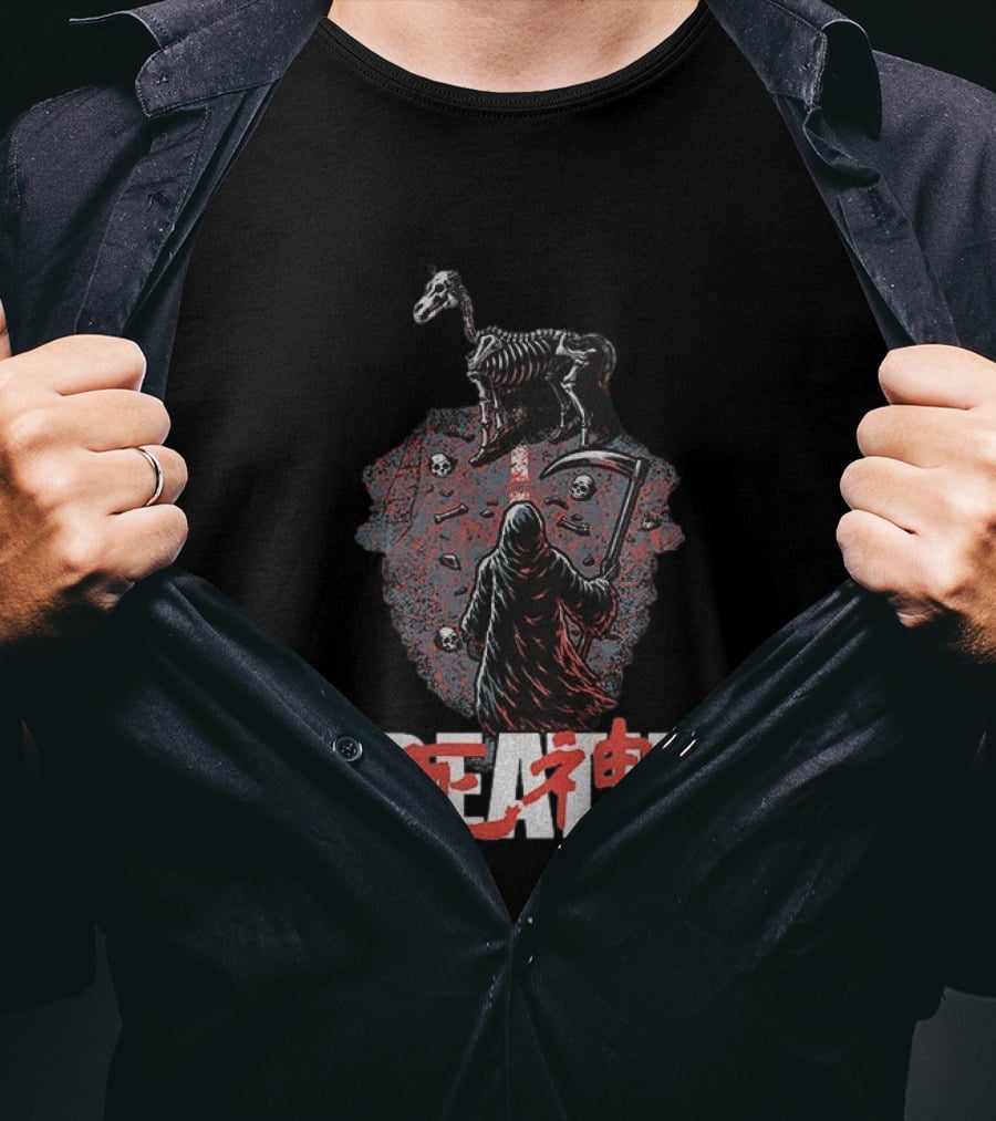 Grim Reaper Death Rider Japanese Kanji Skulls Scythe T-Shirt