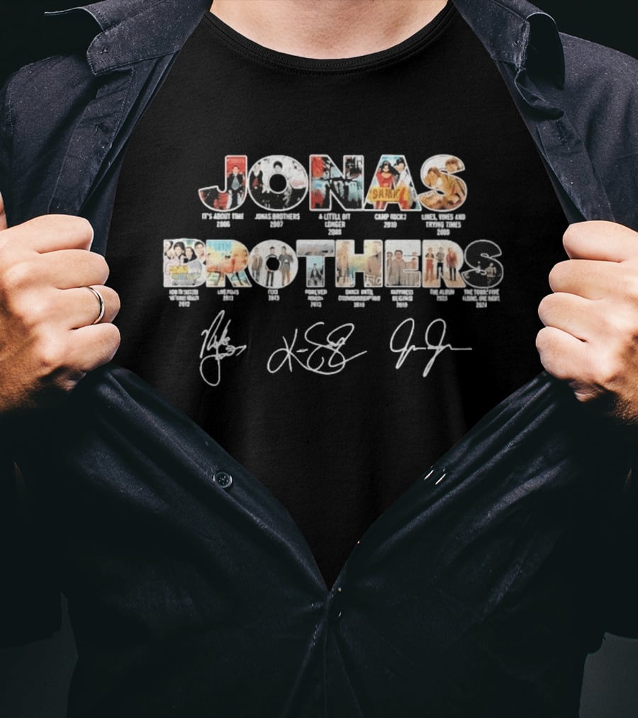 Jonas Brothers Discography Collage With Signatures And Album Releases T-Shirt