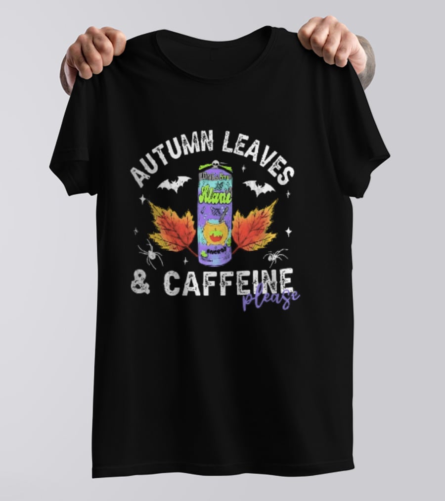 Autumn Leaves Caffeine Please Witchs Brew Energy Drink Can Bats Spiders Orange T-Shirt