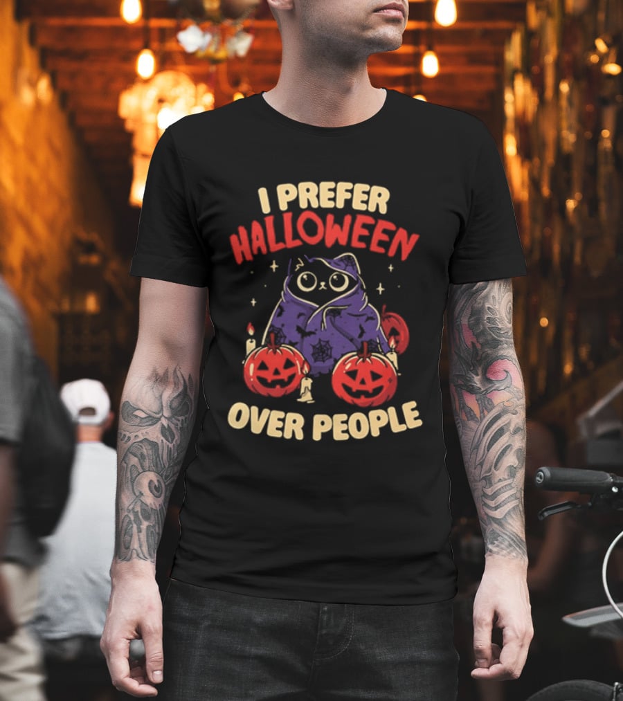 I Prefer Halloween Over People Black Cat Pumpkin Candles T-Shirt